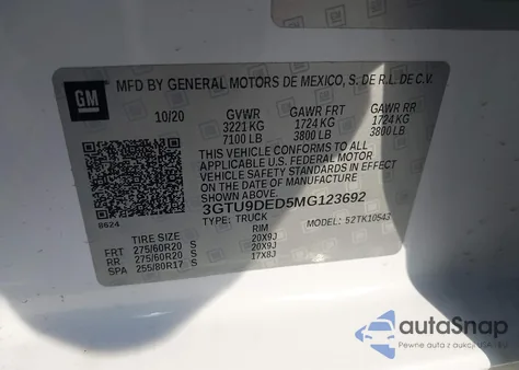 2021 GMC Sierra K1500 Slt z USA, uszkodzony, nr VIN 3GTU9DED5MG123692